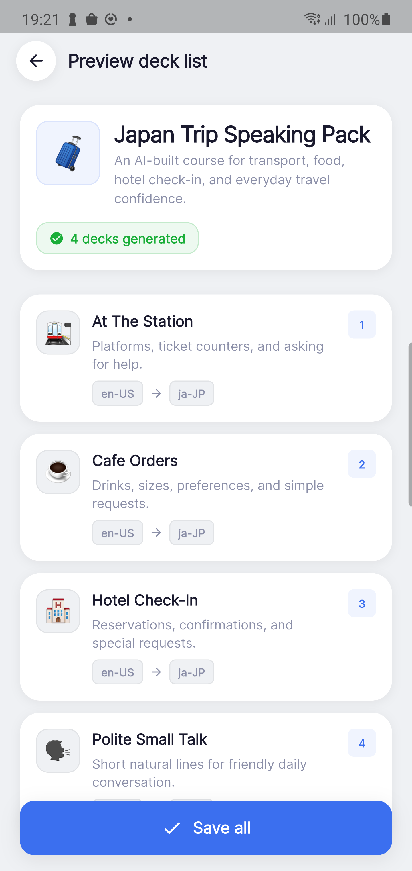 AI flashcard generation — describe a topic to create complete courses and decks